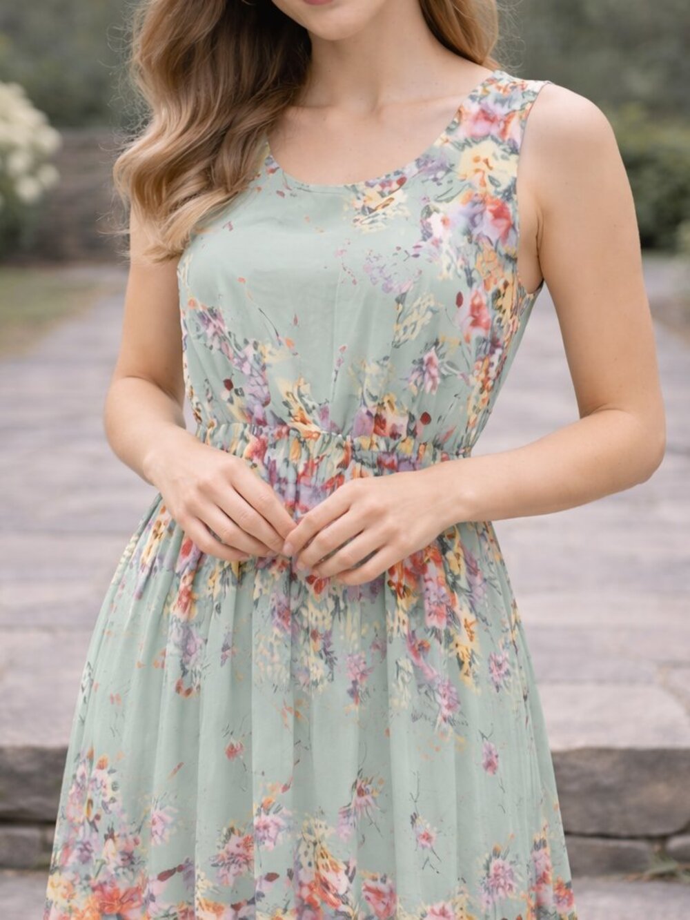 Floral Maxi Dress Sleeveless A Line Cottagecore Romantic Feminine Green - Picture 5 of 5